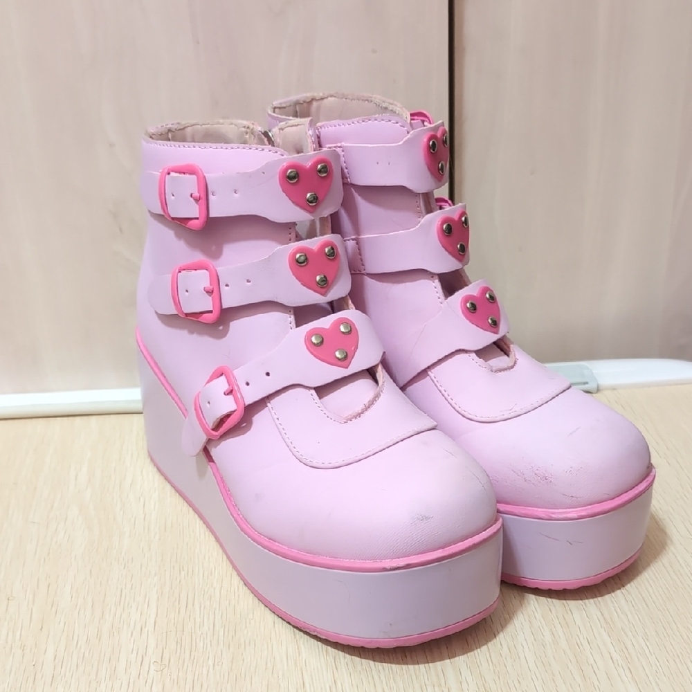 Pink Platform Boots with Chunky Sole and Straps